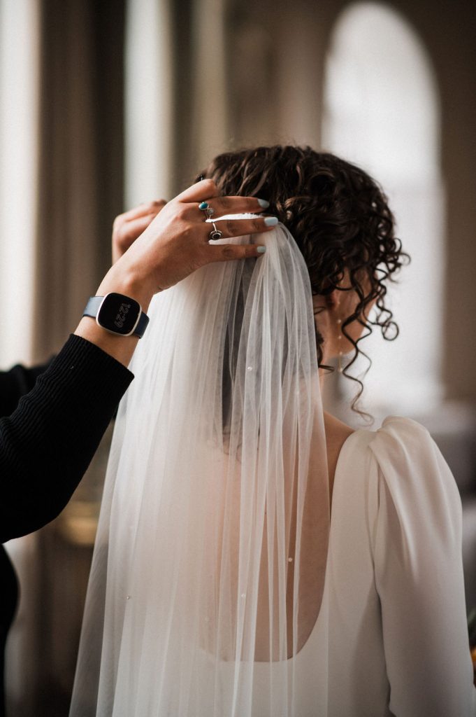 Hawkstone hall Shropshire hairstylist curly bride veil